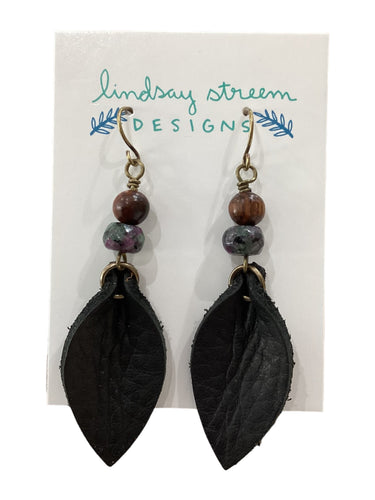 Black Leather Petal Earrings - Wood & Ruby Zoisite