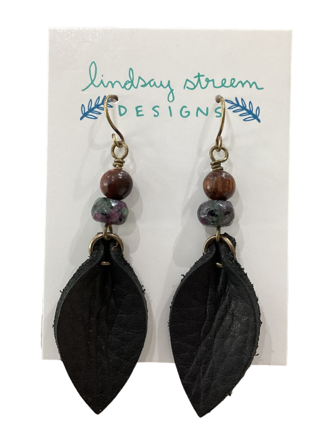 Black Leather Petal Earrings with Wood & Ruby Zoisite