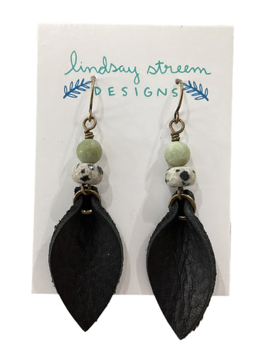 Black Leather Petal Earrings with Jasper