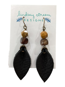 Black Leather Petal Earrings with Mookaite & Agate