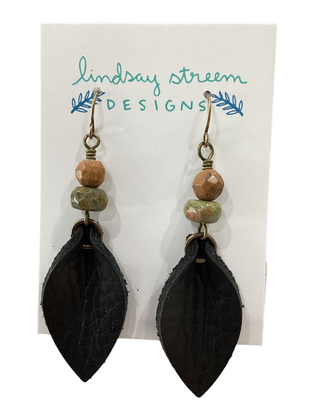 Black Leather Petal Earrings with Jasper & Unakite