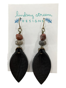 Black Leather Petal Earrings with Jasper