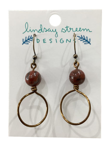 Small Hoops Vintage Bronze Earrings with Red Jasper