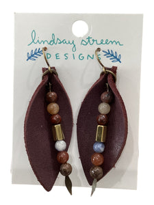 Leather Leaf Earrings with Stones - Purple