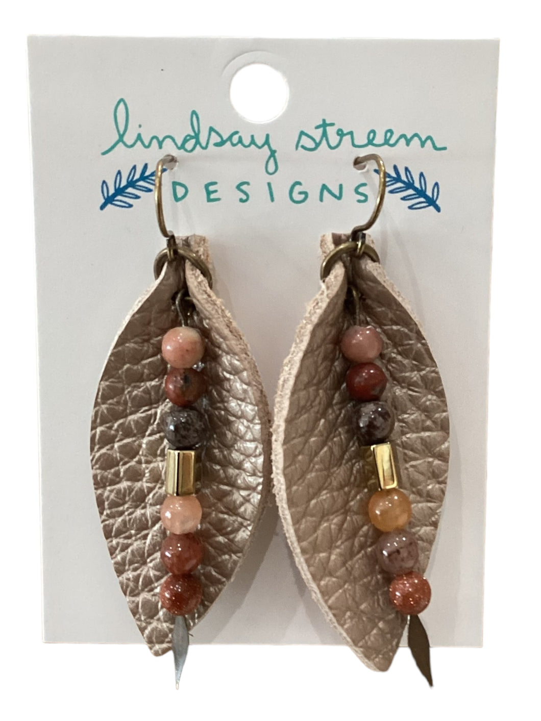 Leather Leaf Earrings with Stones - Champagne