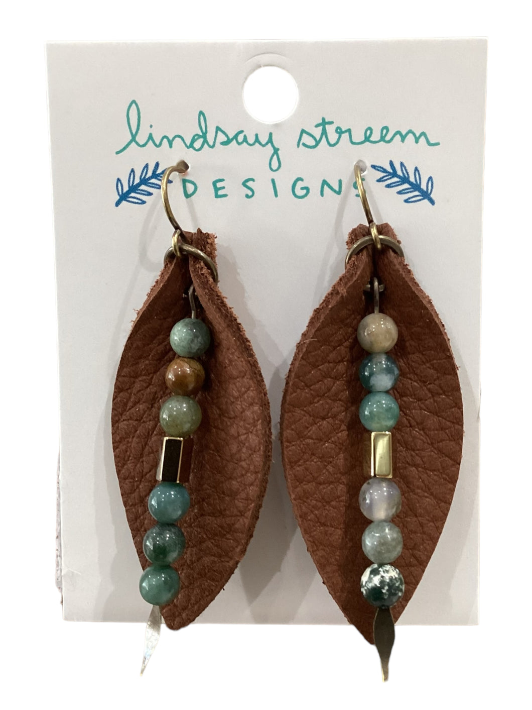 Leather Leaf Earrings with Stones - Warm Brown