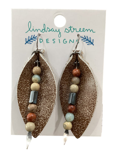 Leather Leaf Earrings with Stones - Distressed Brown