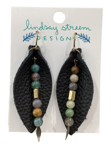 Leather Leaf Earrings with Stones - Black