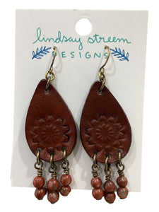 Leather Teardrop Earrings with Red Jasper