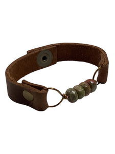 Slim Leather Bracelet with Stones - Unakite