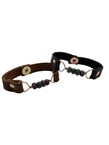 Slim Leather Bracelet with Stones - Ruby Zoisite