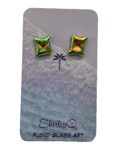 Dichroic Post Earrings - Square Green/Gold