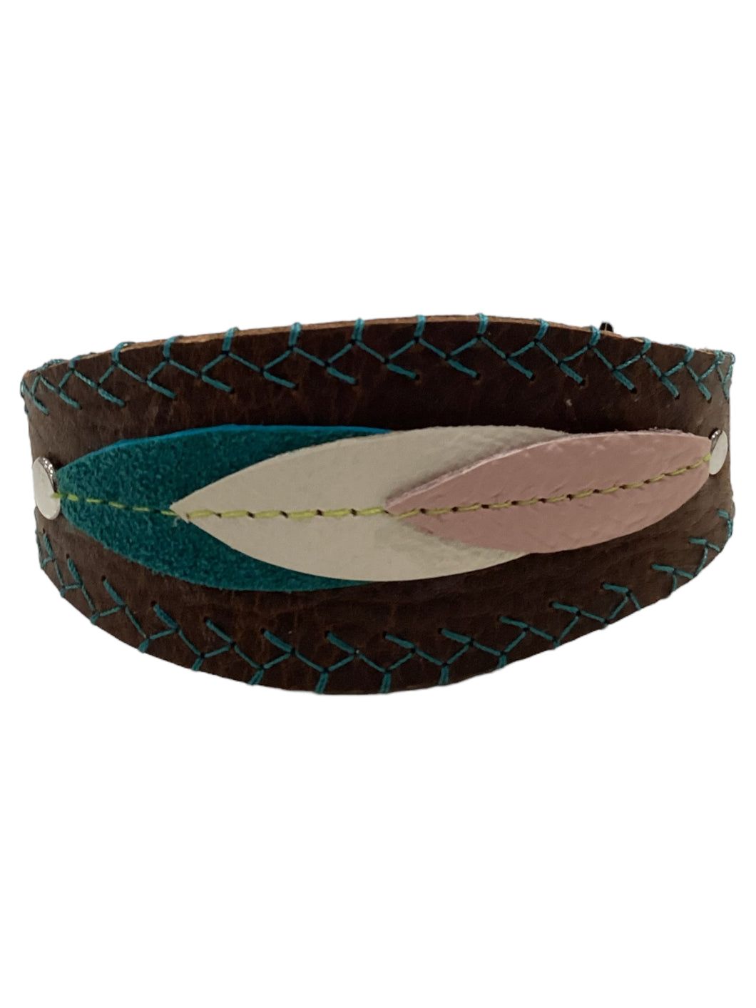 Wide Janis Leaf Cuff - Dark Brown w/ Blue Stitches