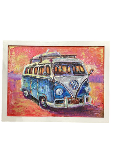 VW Bus on Beach-Blue