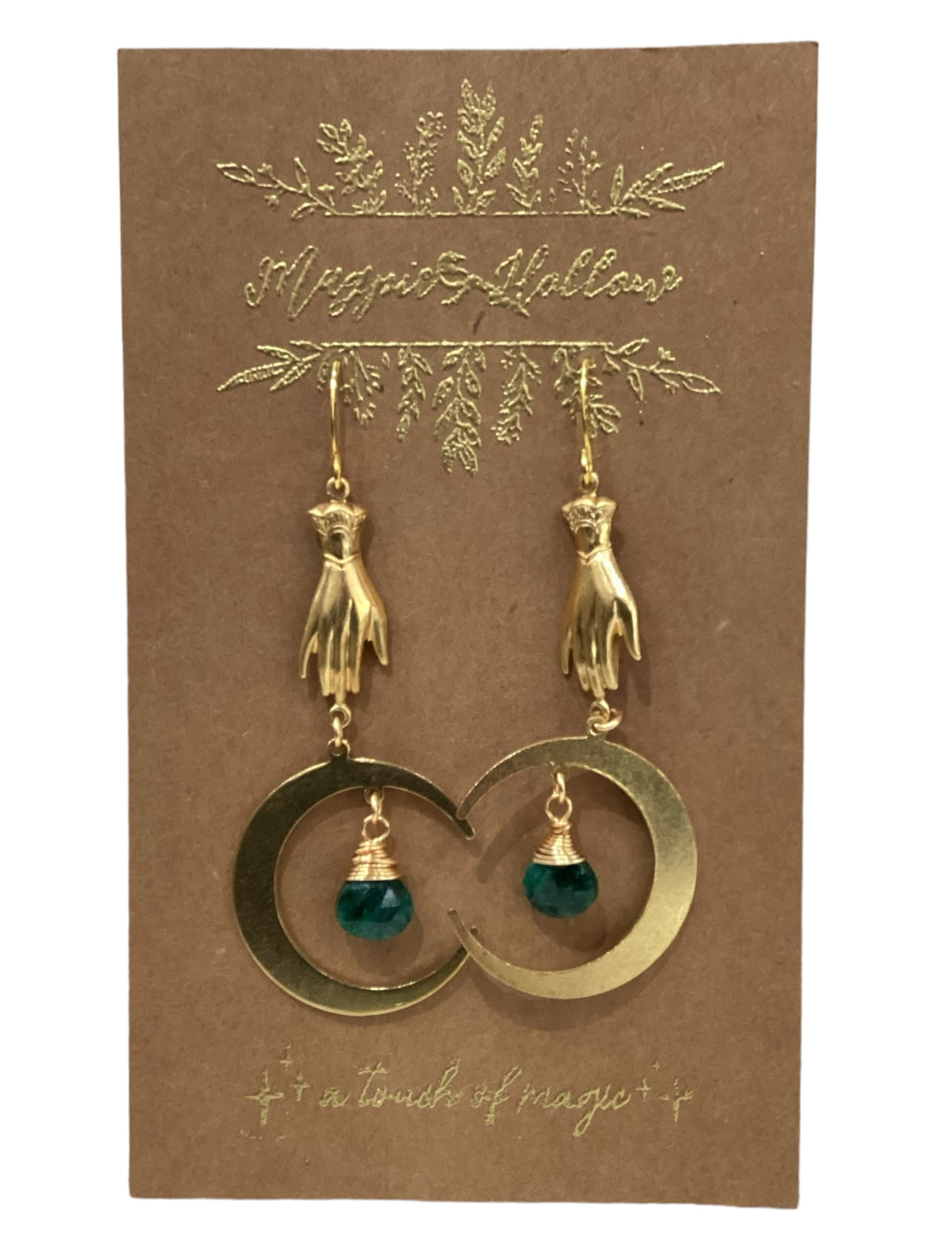 Victorian Hand and Moon Earrings - Emerald