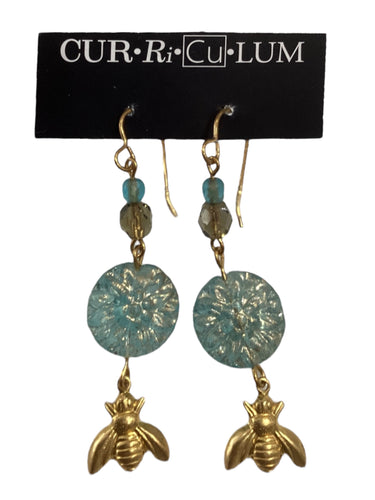 Turquoise Flower Earrings with Bees - Long
