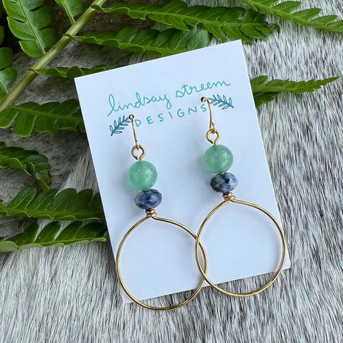 Large Gold Hoops Earrings with Green Adventurine + Jasper