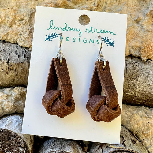 Rustic Brown Leather Knot Earrings