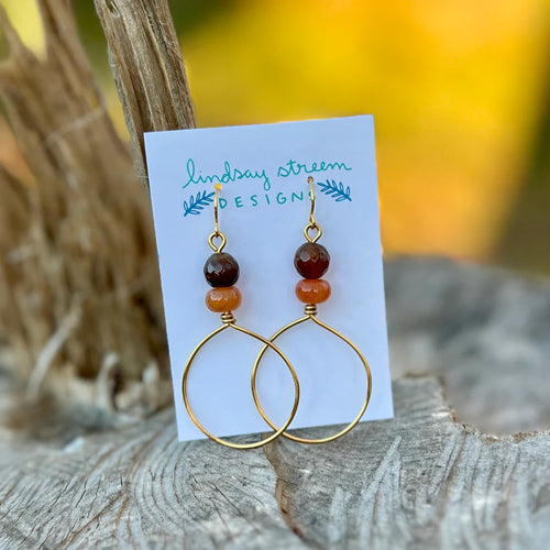 Large Gold Hoop Earrings with Red Adventurine + Agate