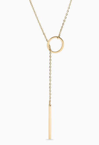 18K Gold PVD Stainless Steel Lariat Necklace Circle with Drop Bar - Gold