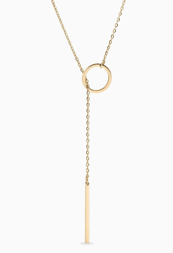 18K Gold PVD Stainless Steel Lariat Necklace Circle with Drop Bar - Gold