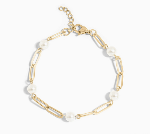 18K Gold PVD Steel Station Pearl Paperclip Chain Bracelet - Gold