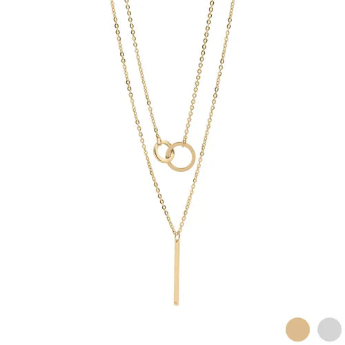 18K Gold PVD Stainless Steel Interlocked Circle and Bar Layered Charm Necklace - Gold