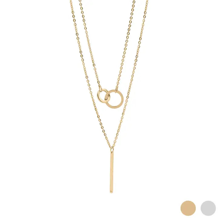 18K Gold PVD Stainless Steel Interlocked Circle and Bar Layered Charm Necklace - Gold