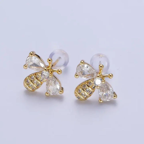14K Gold Filled Micro Paved Bumble Queen Bee Cubic Zirconia Gold Stud Earrings