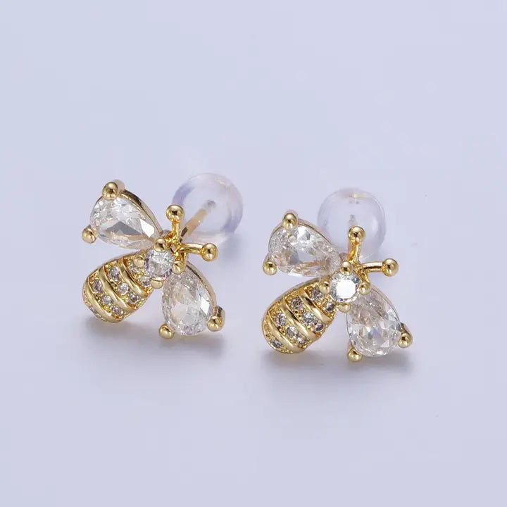14K Gold Filled Micro Paved Bumble Queen Bee Cubic Zirconia Gold Stud Earrings