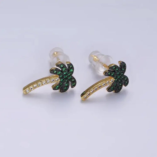 14K Gold Filled Tree Palm Leaf Green Micro Paved Cz Stud Earrings