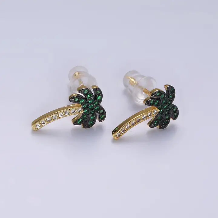 14K Gold Filled Tree Palm Leaf Green Micro Paved Cz Stud Earrings