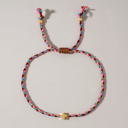 18K Stainless Steel Corded Cross Charm Bracelet - Brown