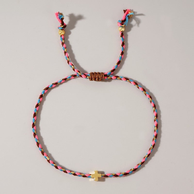 18K Stainless Steel Corded Cross Charm Bracelet - Brown