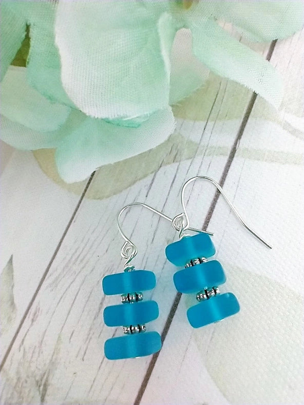 Triple Square Sea Glass & Silver Beads Earrings - Light Blue