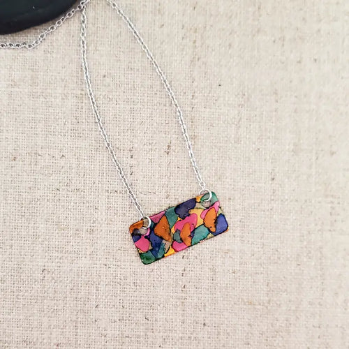 Alcohol Ink Copper & Stainless Steel Bar Necklace - Pinks