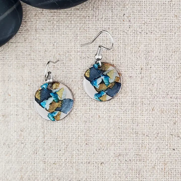 Alcohol Ink Stainless Steel Small Circle Earrings - Black