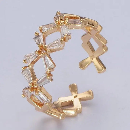 Minimalist Gold Baguette Cubic Zirconia Flower Adjustable Ring