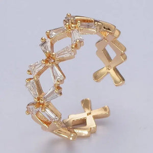 Minimalist Gold Baguette Cubic Zirconia Flower Adjustable Ring