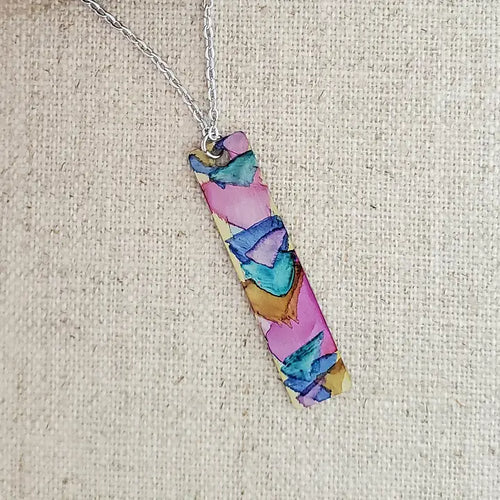 Alcohol Ink Stainless Steel Thin Rectangle Necklace - Pinks