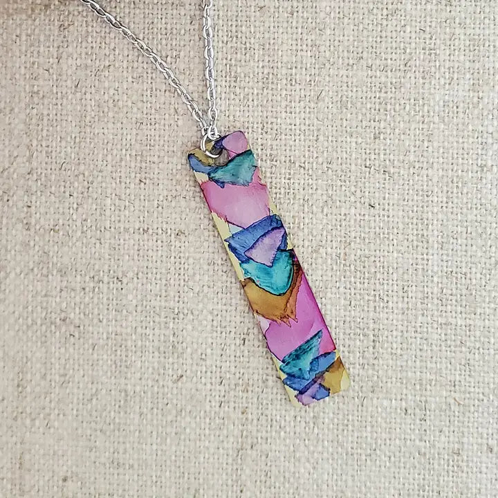Alcohol Ink Stainless Steel Thin Rectangle Necklace - Pinks