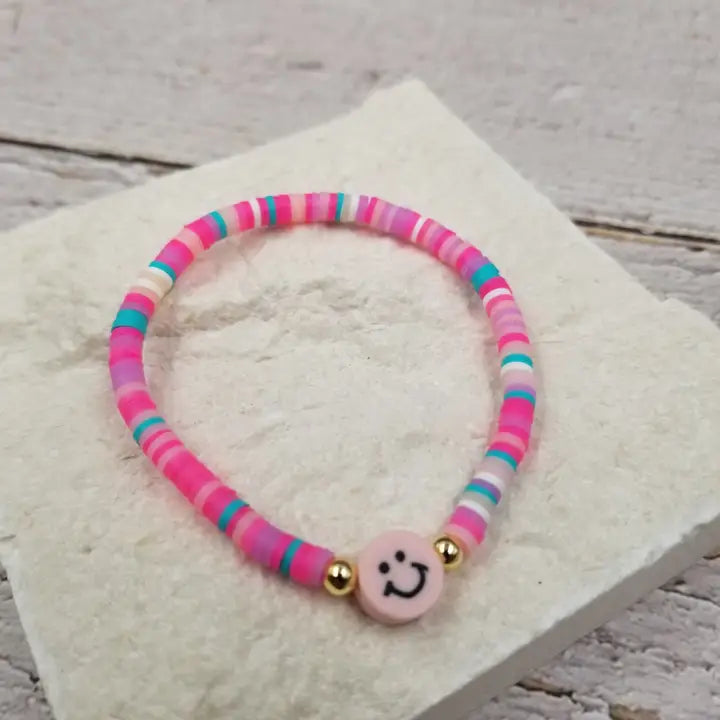 Smiling Face Rainbow Heishi Bracelet - Rose