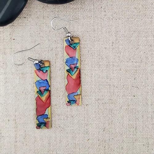 Alcohol Ink Stainless Steel Thin Rectangle Earrings - Reds