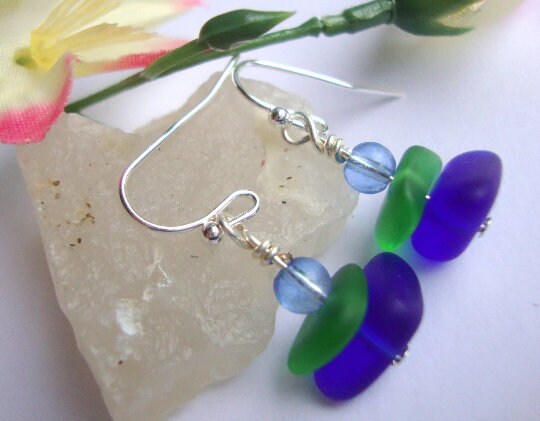 Double Pebble Sea Glass Earrings - Green/Blue