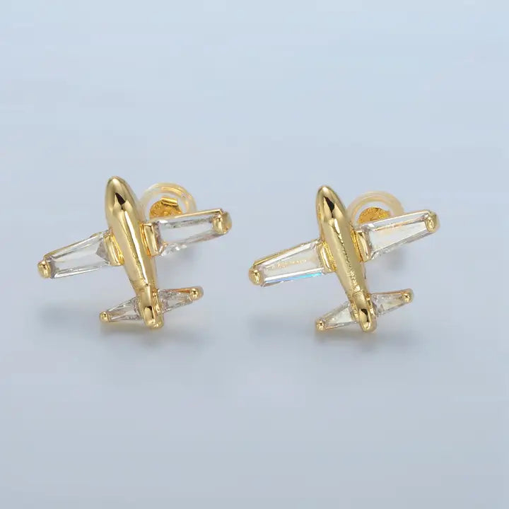 24K Gold Filled Cubic Zirconia Baguette Airplane Travel Studs