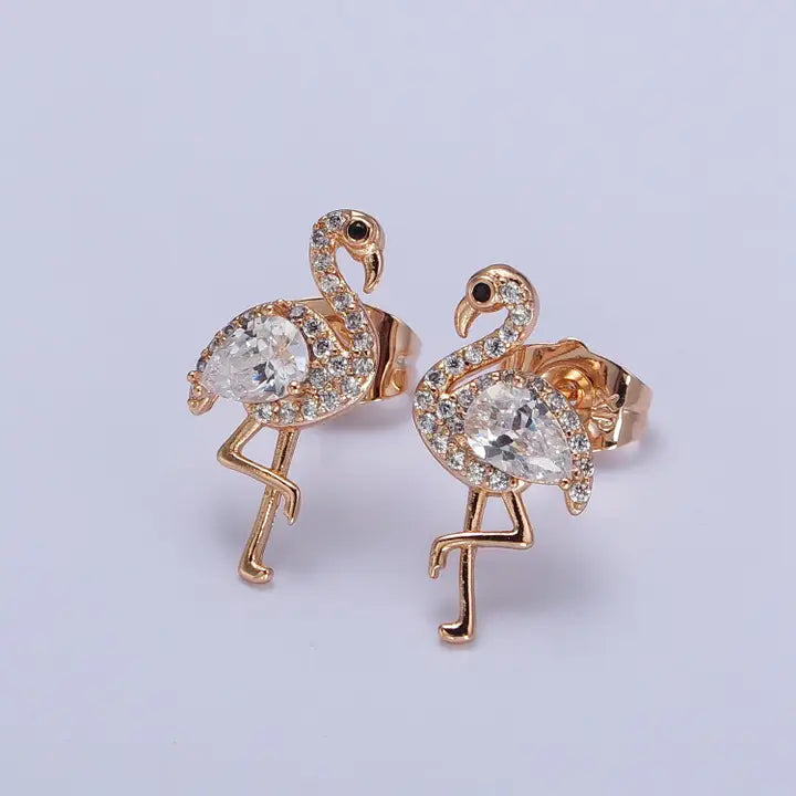 18K Gold Filled Flamingo Micro Paved Cubic Zirconia Stud Earrings