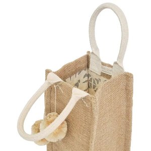 Burlap Jute Canvas Tote with Pompom - Wine Bag