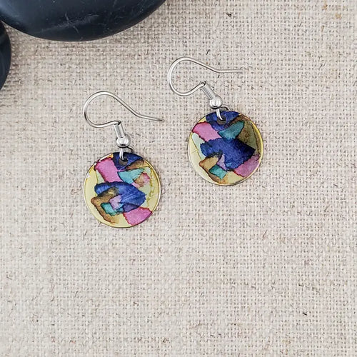 Alcohol Ink Stainless Steel Small Circle Earrings - Pinks