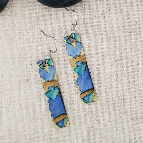 Alcohol Ink Stainless Steel Thin Rectangle Earrings - Blue/Browns