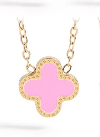 18K Gold PVD Stainless Steel Lucky Clover Charm Necklace - Gold/Pink